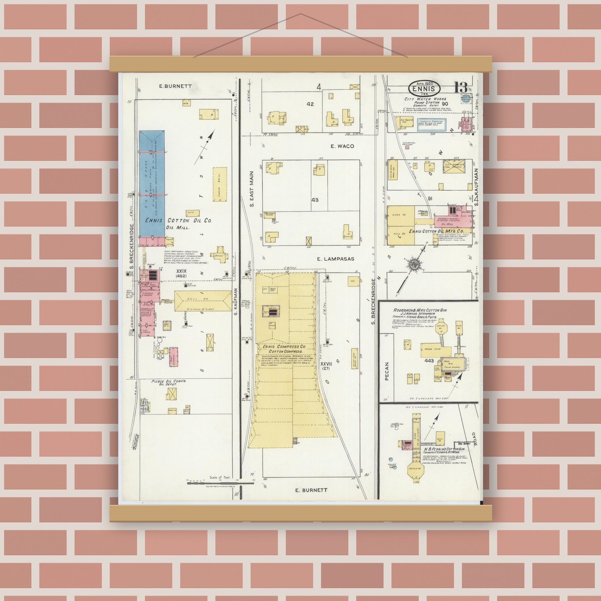 Old map wall art mockup — magnetic wood frame on brick wall — Sanborn Fire Insurance Map from Ennis, Ellis County, Texas (1920), Sheet #0013