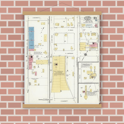 Old map wall art mockup — magnetic wood frame on brick wall — Sanborn Fire Insurance Map from Ennis, Ellis County, Texas (1920), Sheet #0013