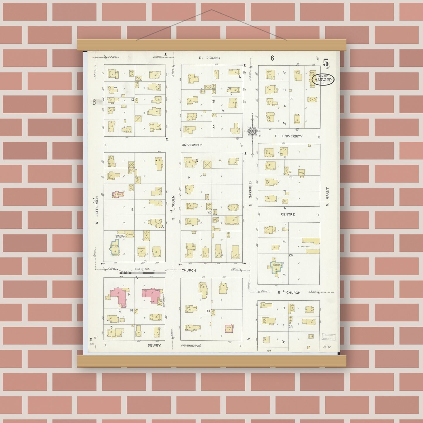 Old map wall art mockup — magnetic wood frame on brick wall — Sanborn Fire Insurance Map from Harvard, McHenry County, Illinois (1912), Sheet #0005