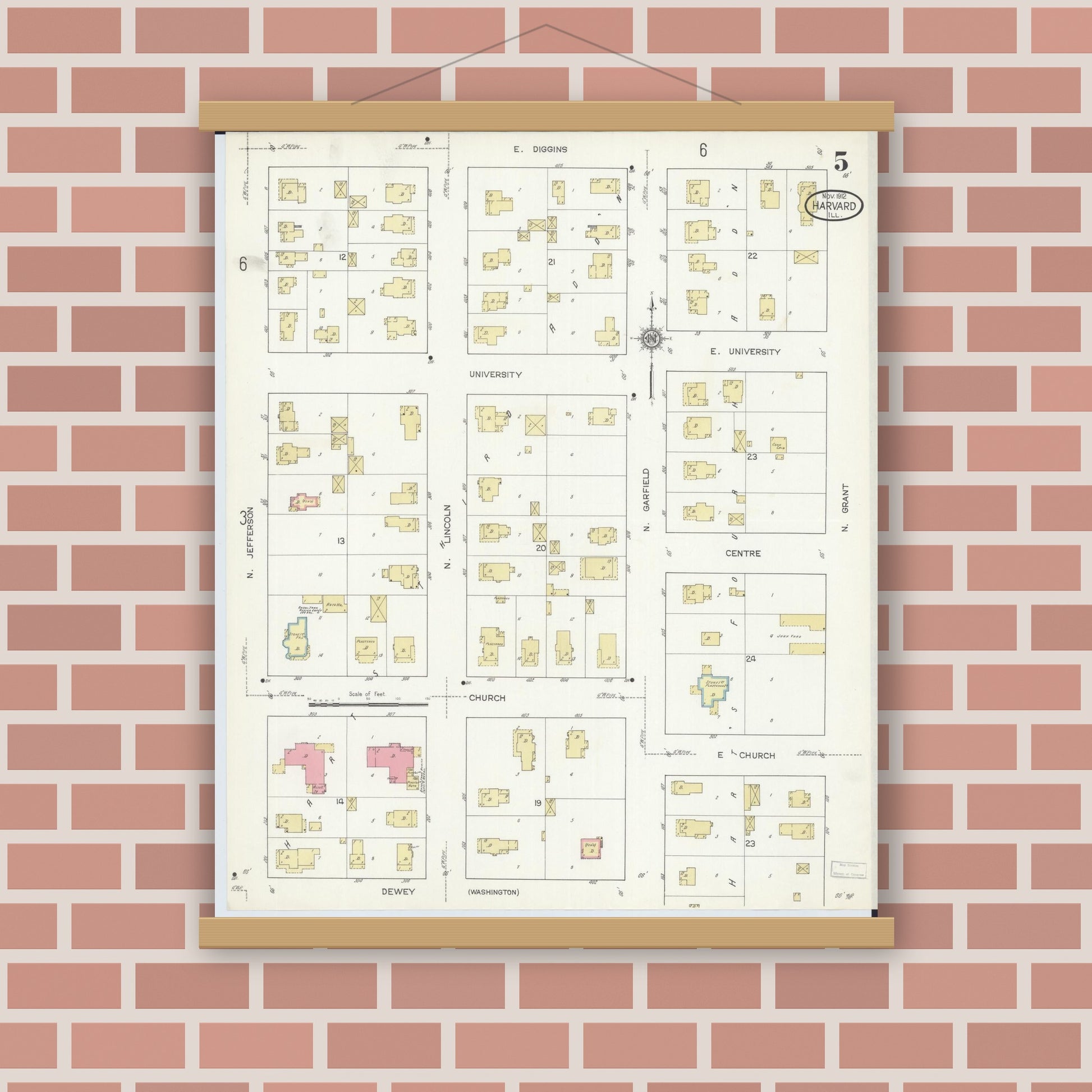 Old map wall art mockup — magnetic wood frame on brick wall — Sanborn Fire Insurance Map from Harvard, McHenry County, Illinois (1912), Sheet #0005