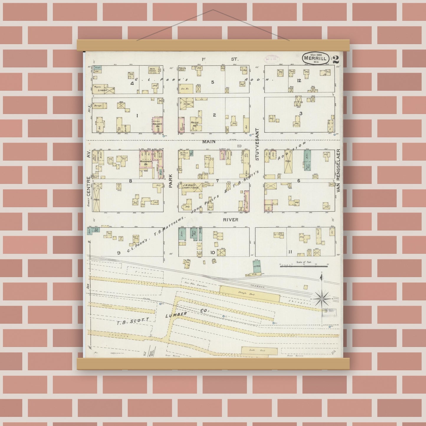 Old map wall art mockup — magnetic wood frame on brick wall — Sanborn Fire Insurance Map from Merrill, Lincoln County, Wisconsin (1888), Sheet #0002