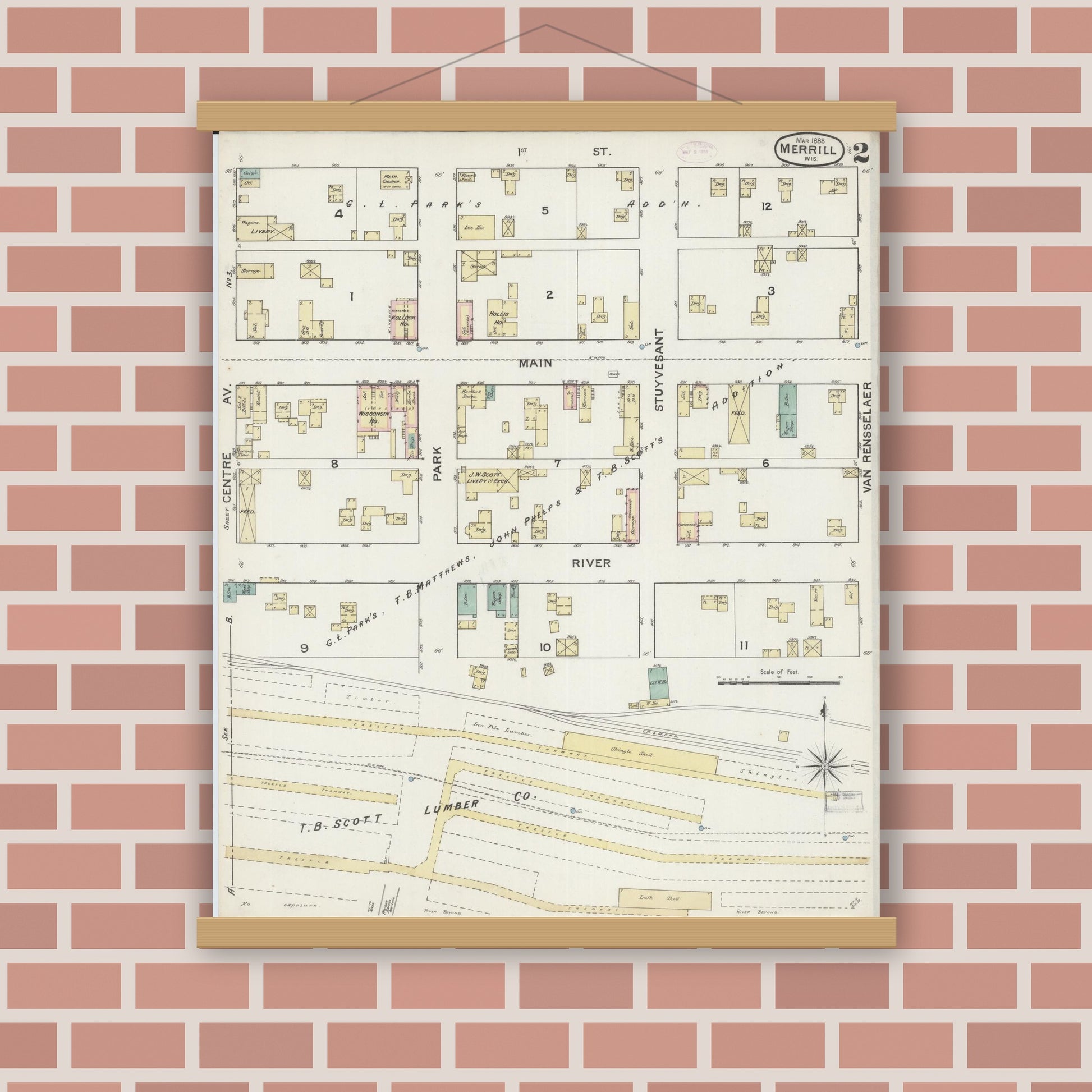 Old map wall art mockup — magnetic wood frame on brick wall — Sanborn Fire Insurance Map from Merrill, Lincoln County, Wisconsin (1888), Sheet #0002