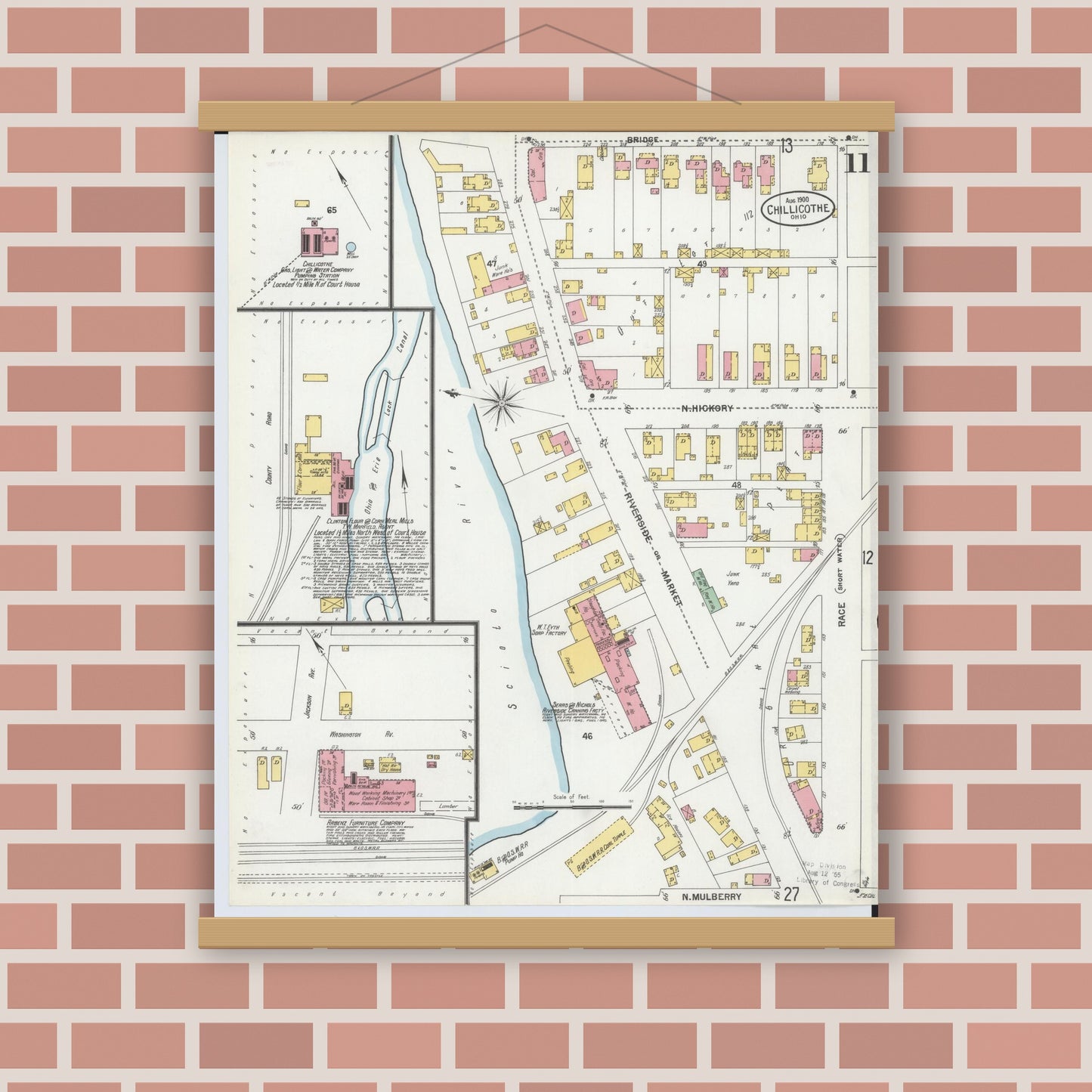 Old map wall art mockup — magnetic wood frame on brick wall — Sanborn Fire Insurance Map from Chillicothe, Ross County, Ohio (1900), Sheet #0011