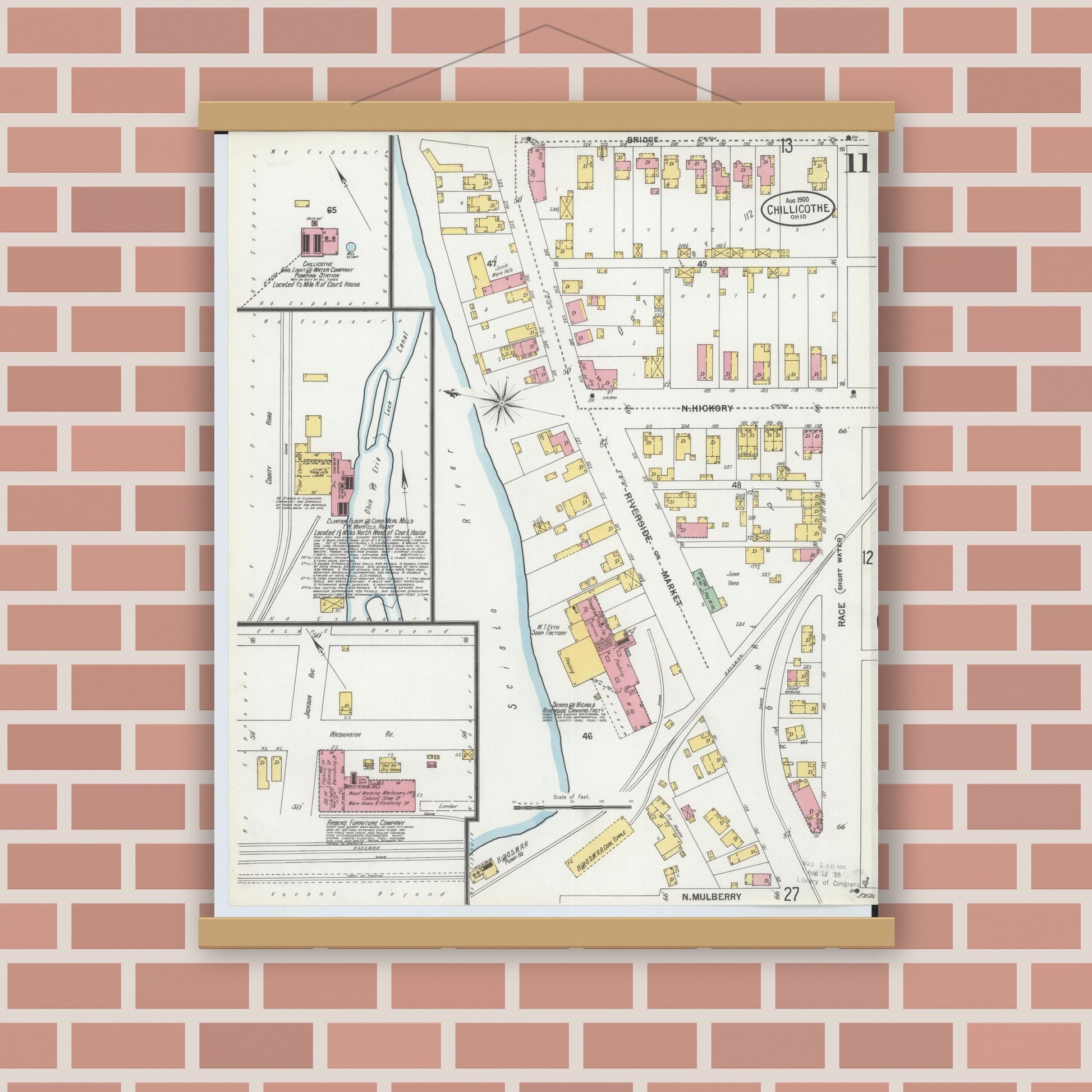 Old map wall art mockup — magnetic wood frame on brick wall — Sanborn Fire Insurance Map from Chillicothe, Ross County, Ohio (1900), Sheet #0011