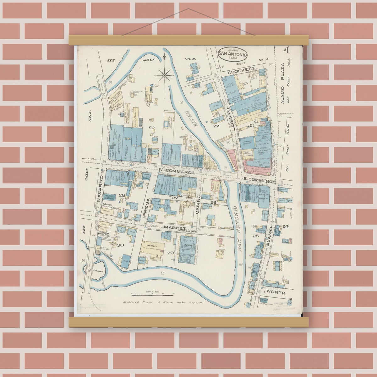 Old map wall art mockup — magnetic wood frame on brick wall — Sanborn Fire Insurance Map from San Antonio, Bexar County, Texas (1885), Sheet #0004