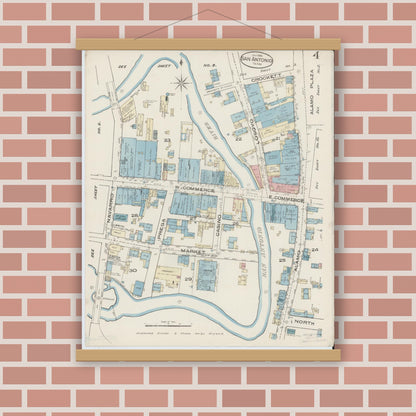 Old map wall art mockup — magnetic wood frame on brick wall — Sanborn Fire Insurance Map from San Antonio, Bexar County, Texas (1885), Sheet #0004