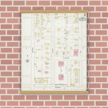 Old map wall art mockup — magnetic wood frame on brick wall — Sanborn Fire Insurance Map from Danville, Vermilion County, Illinois (1895), Sheet #0005