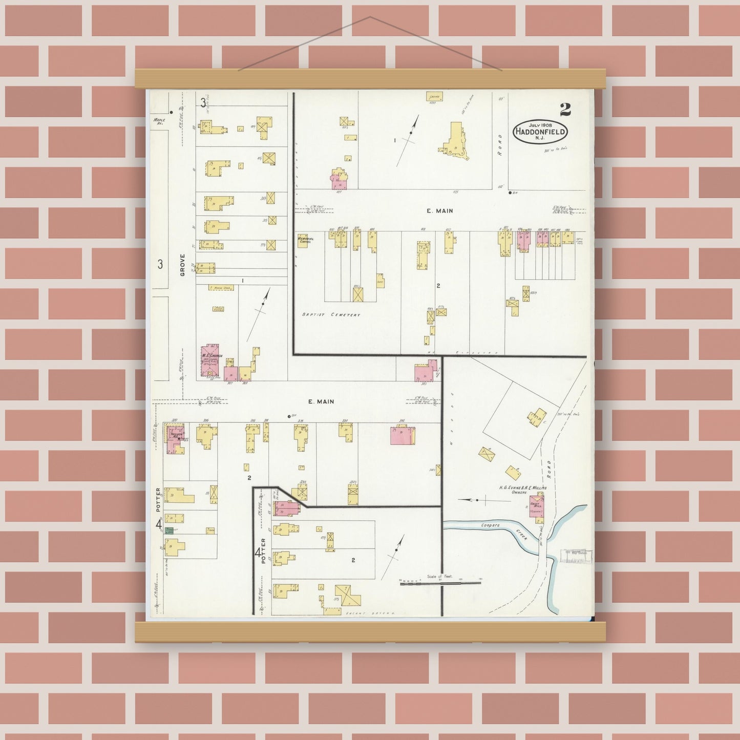 Old map wall art mockup — magnetic wood frame on brick wall — Sanborn Fire Insurance Map from Haddonfield, Camden County, New Jersey (1908), Sheet #0002