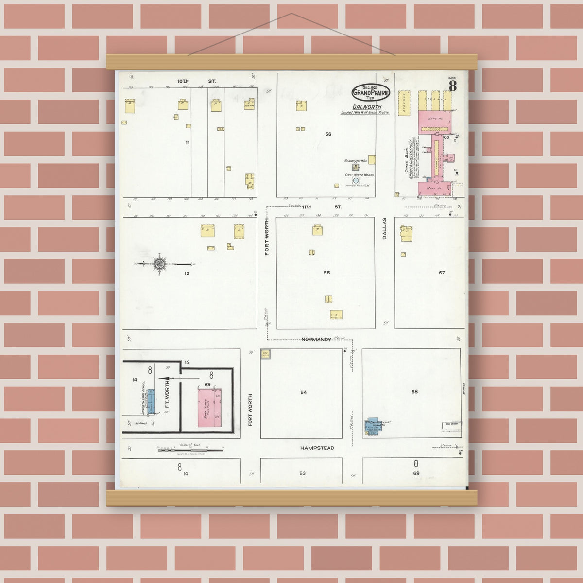 Old map wall art mockup — magnetic wood frame on brick wall — Sanborn Fire Insurance Map from Grand Prairie, Dallas County, Texas (1920), Sheet #0008