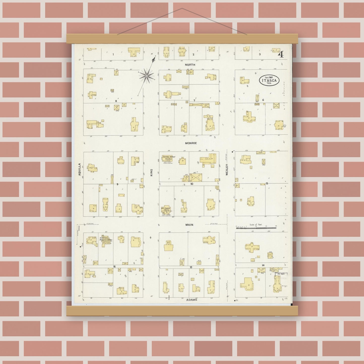 Old map wall art mockup — magnetic wood frame on brick wall — Sanborn Fire Insurance Map from Itasca, Hill County, Texas (1907), Sheet #0004