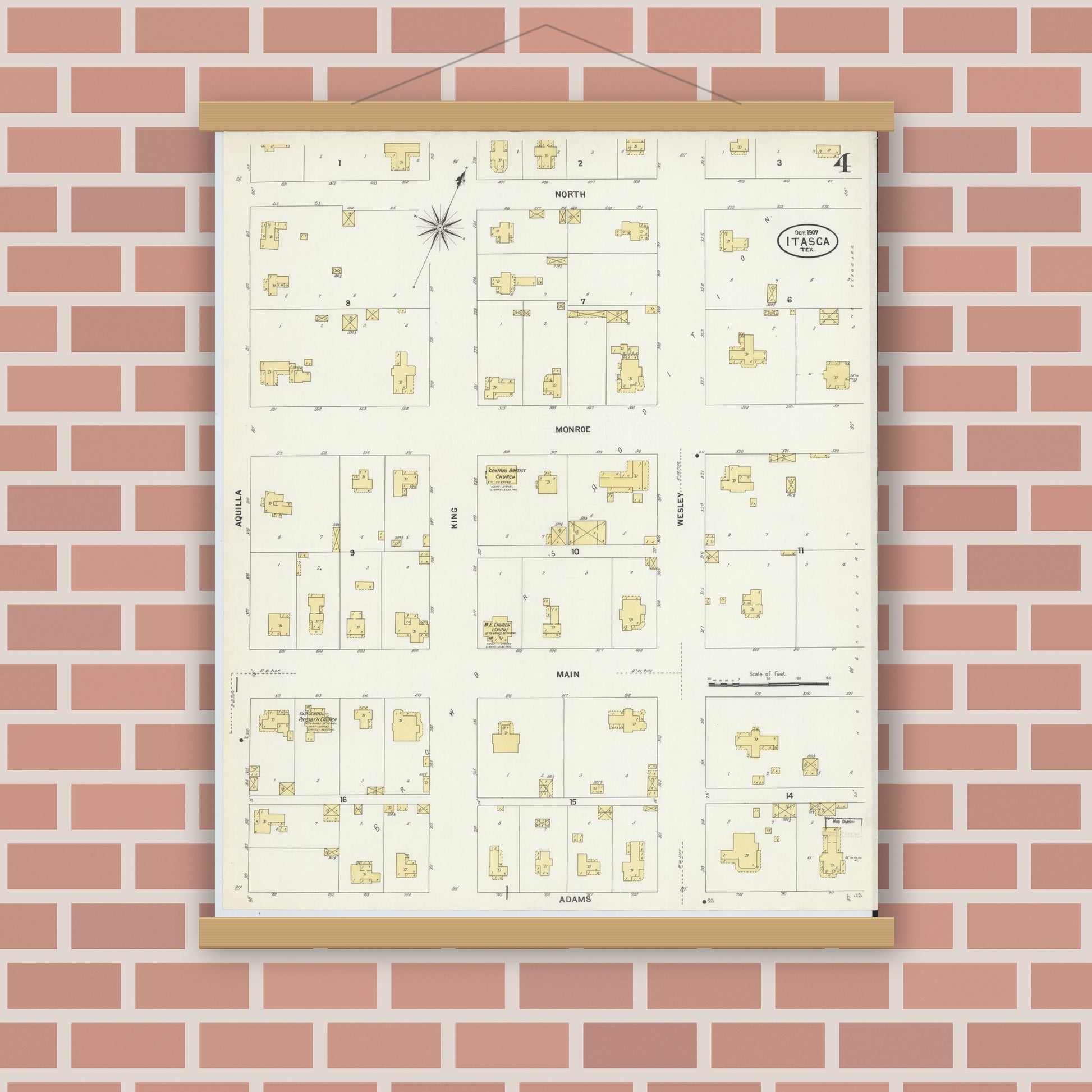 Old map wall art mockup — magnetic wood frame on brick wall — Sanborn Fire Insurance Map from Itasca, Hill County, Texas (1907), Sheet #0004