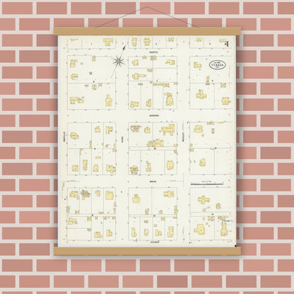 Old map wall art mockup — magnetic wood frame on brick wall — Sanborn Fire Insurance Map from Itasca, Hill County, Texas (1907), Sheet #0004