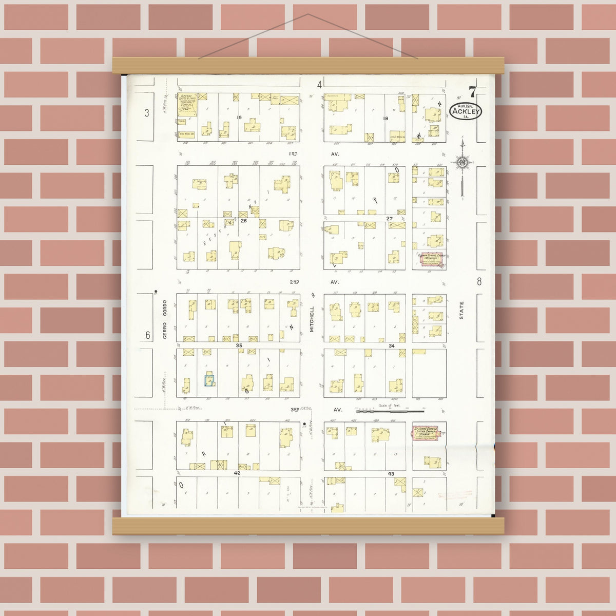 Old map wall art mockup — magnetic wood frame on brick wall — Sanborn Fire Insurance Map from Ackley, Hardin and Franklin Counties, Iowa (1916), Sheet #0007