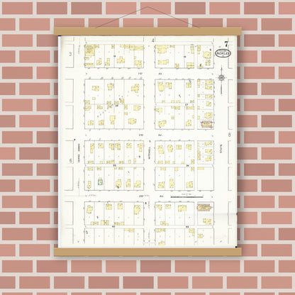 Old map wall art mockup — magnetic wood frame on brick wall — Sanborn Fire Insurance Map from Ackley, Hardin and Franklin Counties, Iowa (1916), Sheet #0007