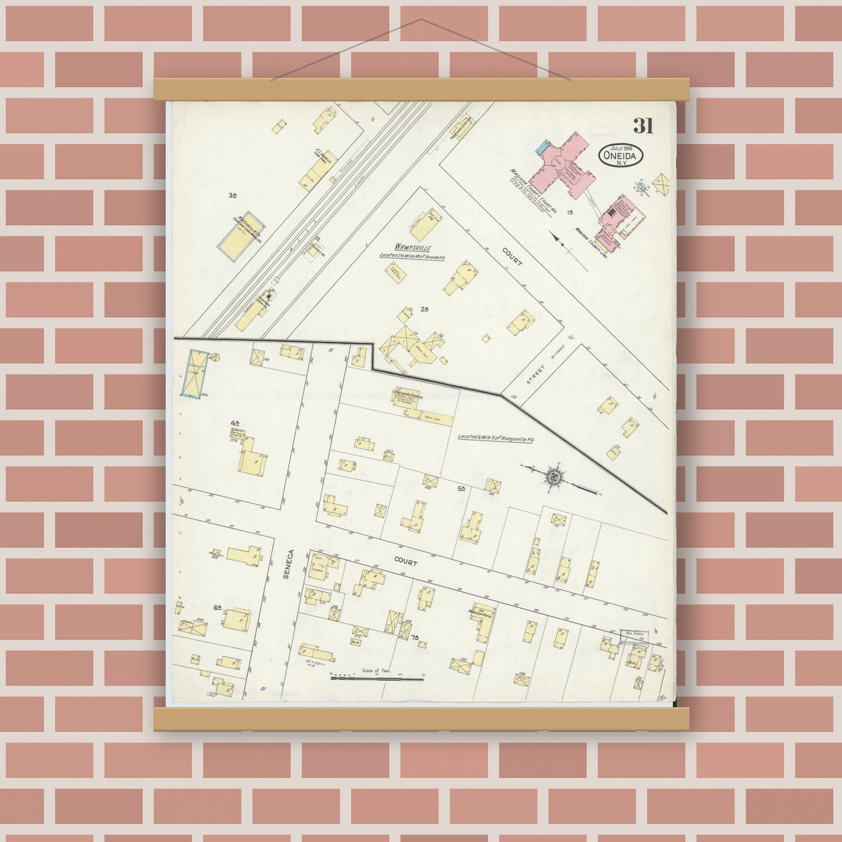Old map wall art mockup — magnetic wood frame on brick wall — Sanborn Fire Insurance Map from Oneida, Madison County, New York (1914), Sheet #0031