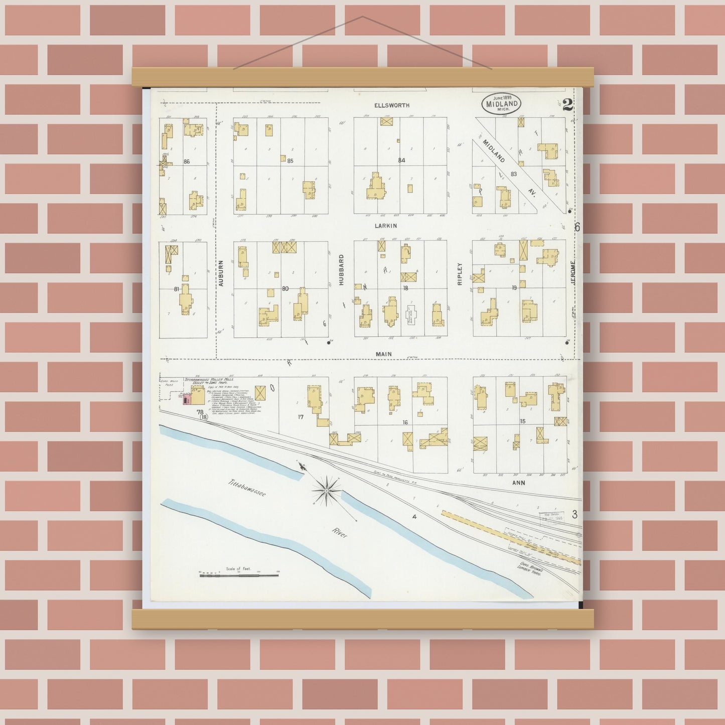 Old map wall art mockup — magnetic wood frame on brick wall — Sanborn Fire Insurance Map from Midland, Midland County, Michigan (1899), Sheet #0002