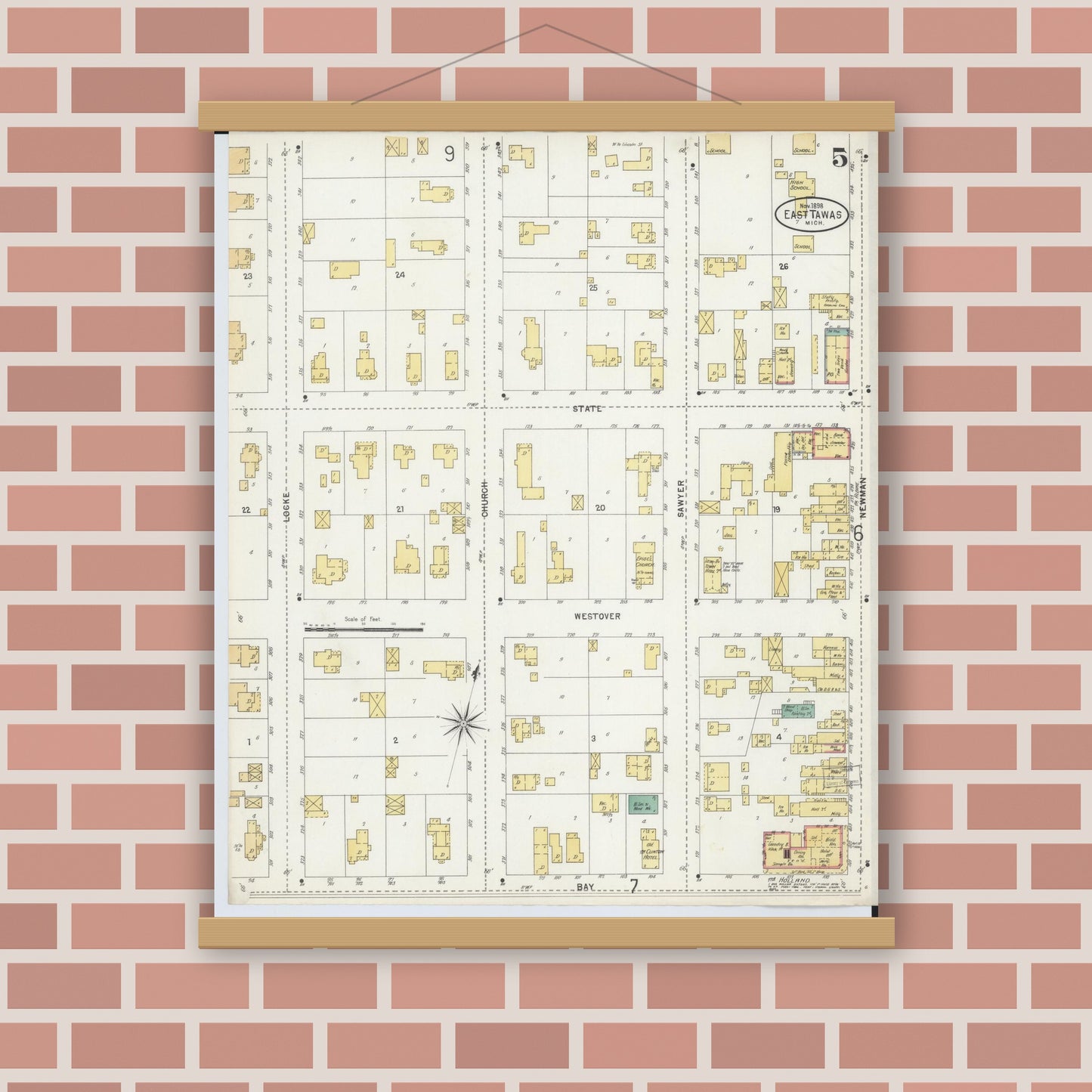 Old map wall art mockup — magnetic wood frame on brick wall — Sanborn Fire Insurance Map from Tawas City, Iosco County, Michigan (1898), Sheet #0005