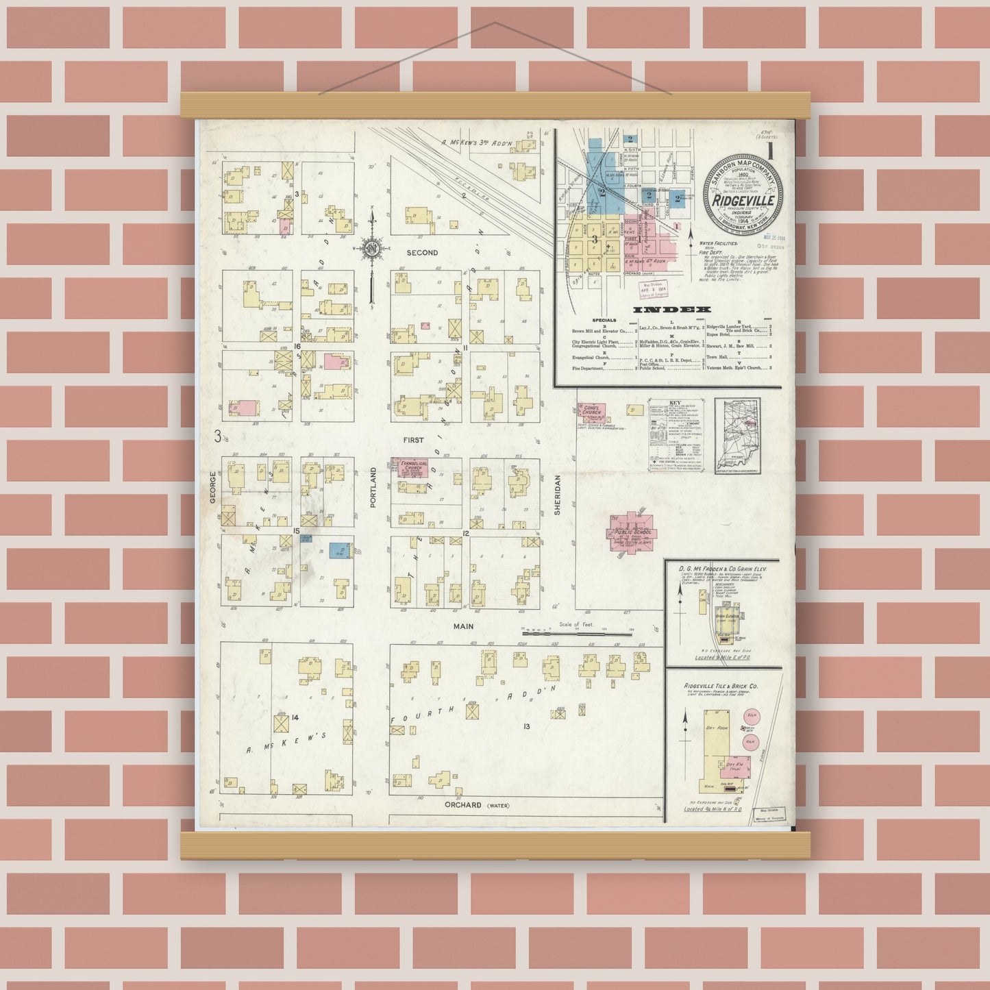 Old map wall art mockup — magnetic wood frame on brick wall — Sanborn Fire Insurance Map from Ridgeville, Randolph County, Indiana (1914) - Complete Map Set
