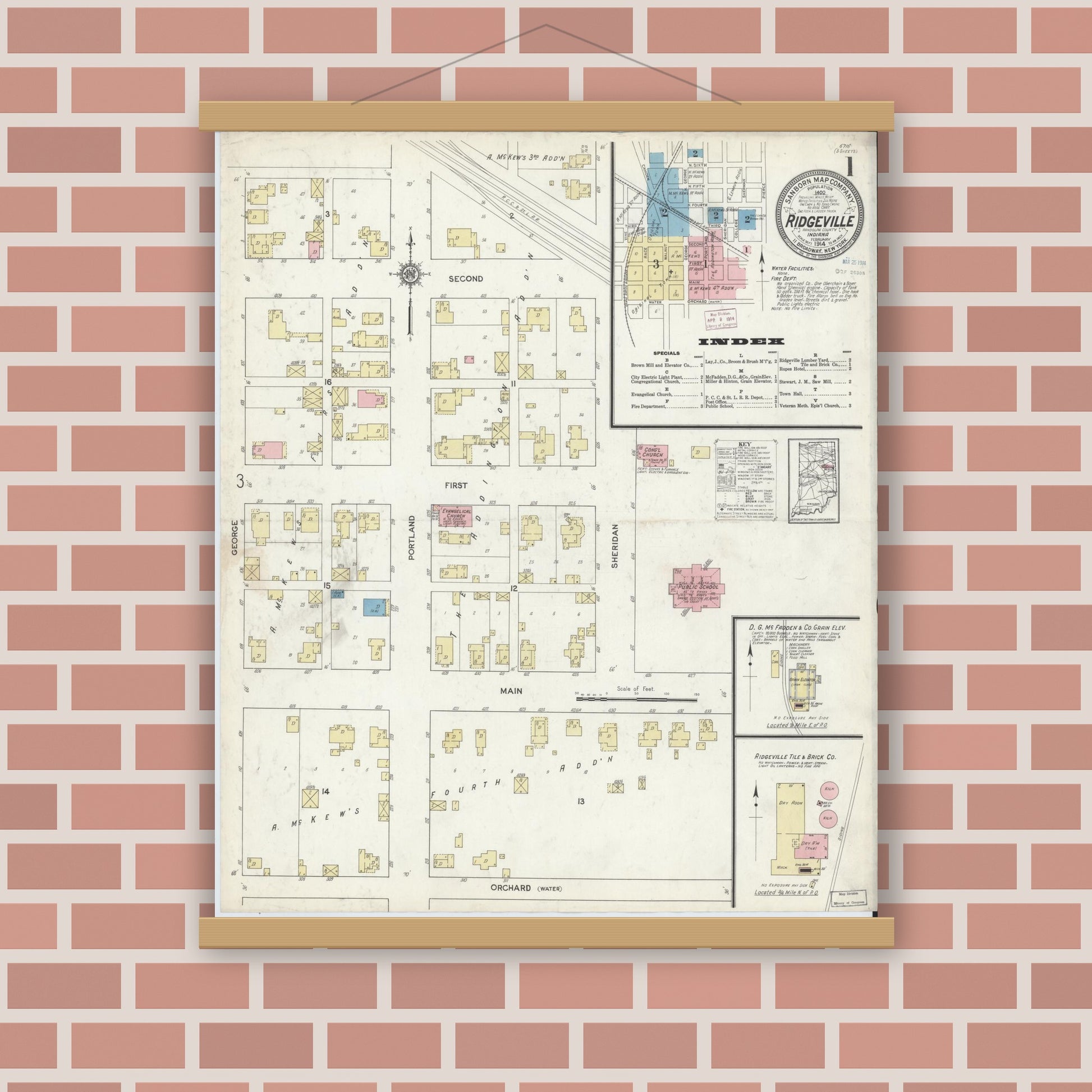 Old map wall art mockup — magnetic wood frame on brick wall — Sanborn Fire Insurance Map from Ridgeville, Randolph County, Indiana (1914) - Complete Map Set