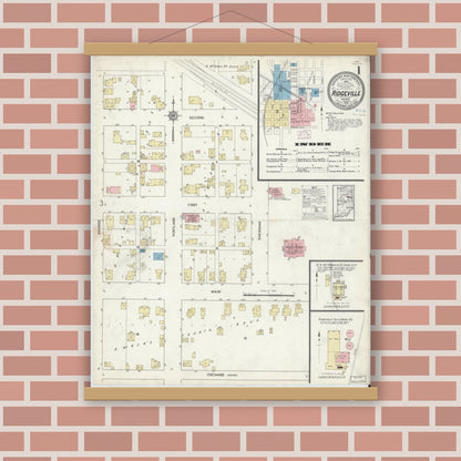 Old map wall art mockup — magnetic wood frame on brick wall — Sanborn Fire Insurance Map from Ridgeville, Randolph County, Indiana (1914) - Complete Map Set