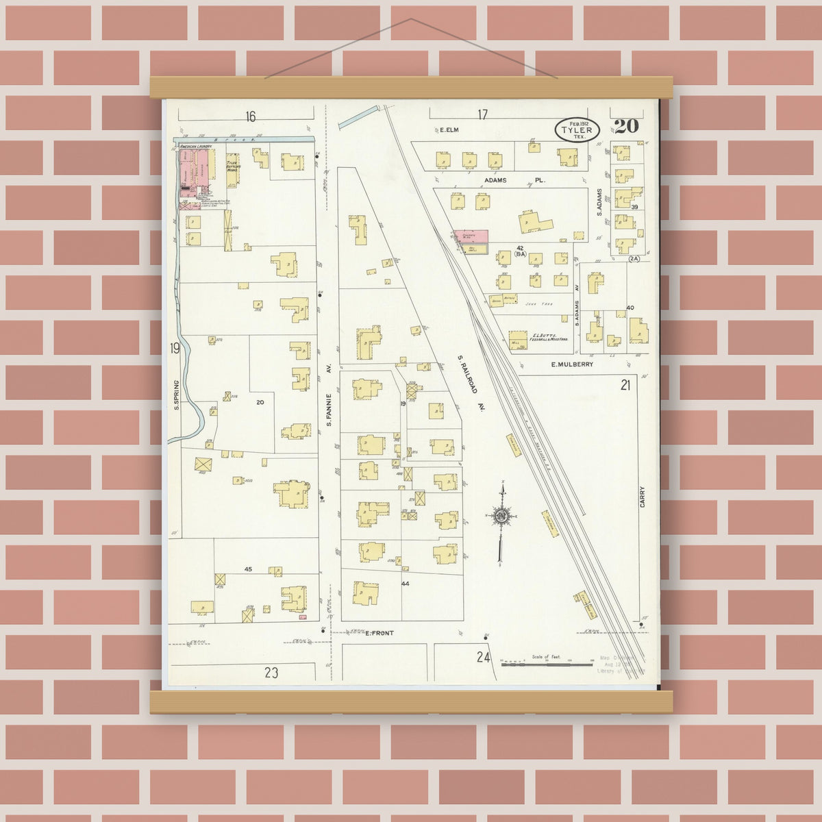 Old map wall art mockup — magnetic wood frame on brick wall — Sanborn Fire Insurance Map from Tyler, Smith County, Texas (1912), Sheet #0020