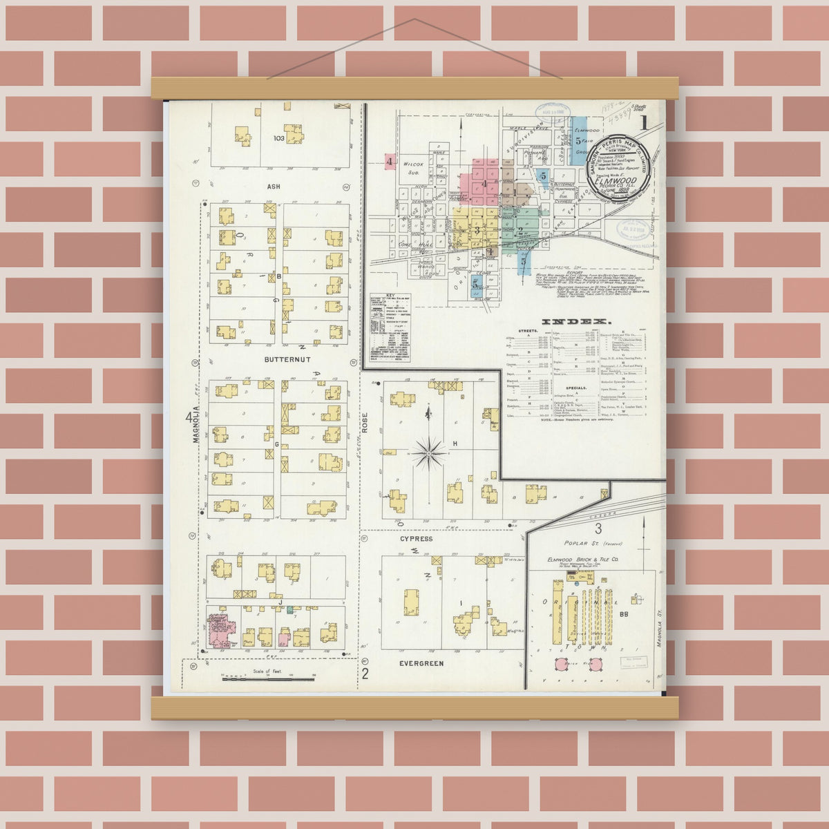 Old map wall art mockup — magnetic wood frame on brick wall — Sanborn Fire Insurance Map from Elmwood, Peoria County, Illinois (1898) - Complete Map Set