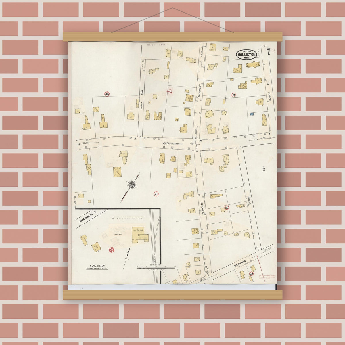 Old map wall art mockup — magnetic wood frame on brick wall — Sanborn Fire Insurance Map from Holliston, Middlesex County, Massachusetts (1942), Sheet #0007