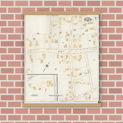Old map wall art mockup — magnetic wood frame on brick wall — Sanborn Fire Insurance Map from Holliston, Middlesex County, Massachusetts (1942), Sheet #0007