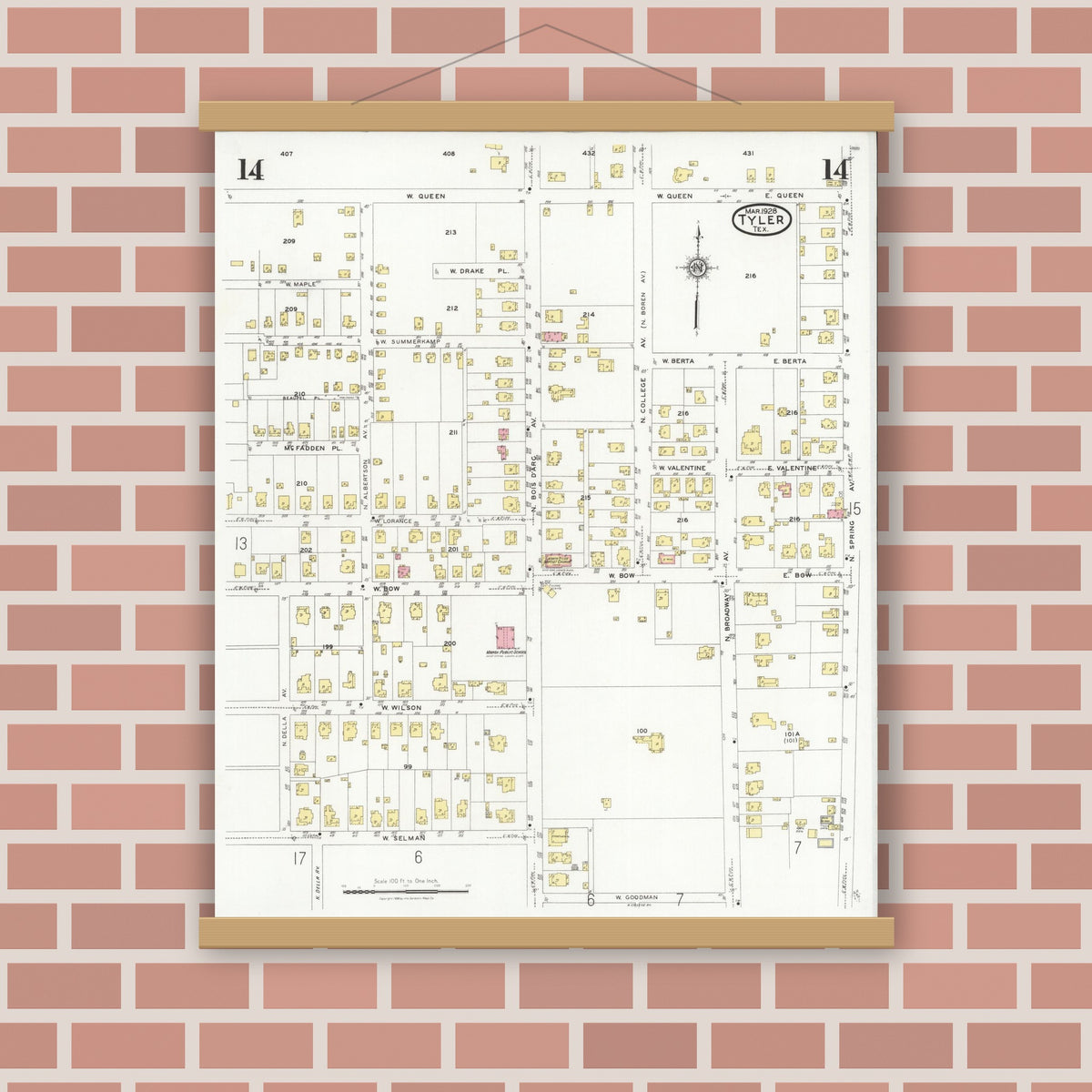 Old map wall art mockup — magnetic wood frame on brick wall — Sanborn Fire Insurance Map from Tyler, Smith County, Texas (1928), Sheet #0014