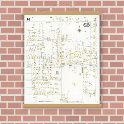 Old map wall art mockup — magnetic wood frame on brick wall — Sanborn Fire Insurance Map from Tyler, Smith County, Texas (1928), Sheet #0014