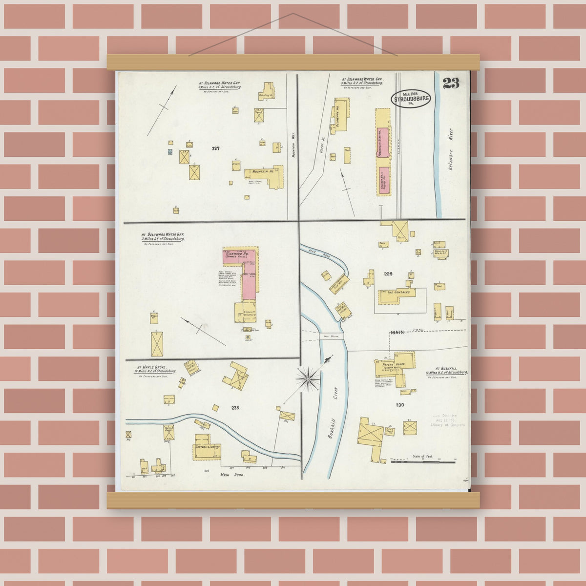 Old map wall art mockup — magnetic wood frame on brick wall — Sanborn Fire Insurance Map from Stroudsburg, Monroe County, Pennsylvania (1905), Sheet #0023