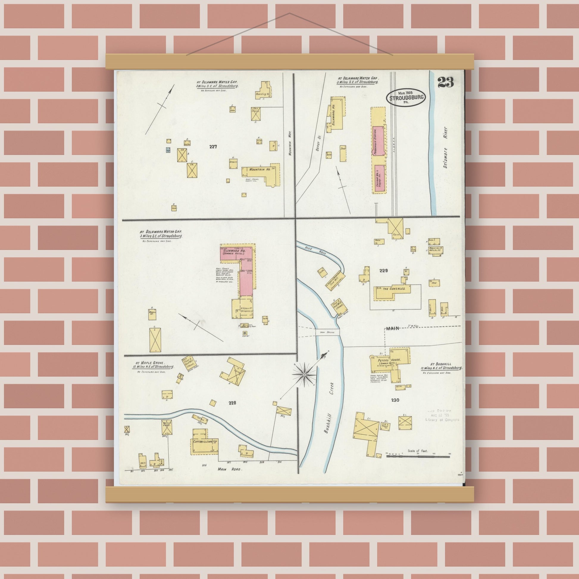 Old map wall art mockup — magnetic wood frame on brick wall — Sanborn Fire Insurance Map from Stroudsburg, Monroe County, Pennsylvania (1905), Sheet #0023