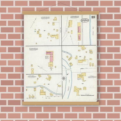 Old map wall art mockup — magnetic wood frame on brick wall — Sanborn Fire Insurance Map from Stroudsburg, Monroe County, Pennsylvania (1905), Sheet #0023