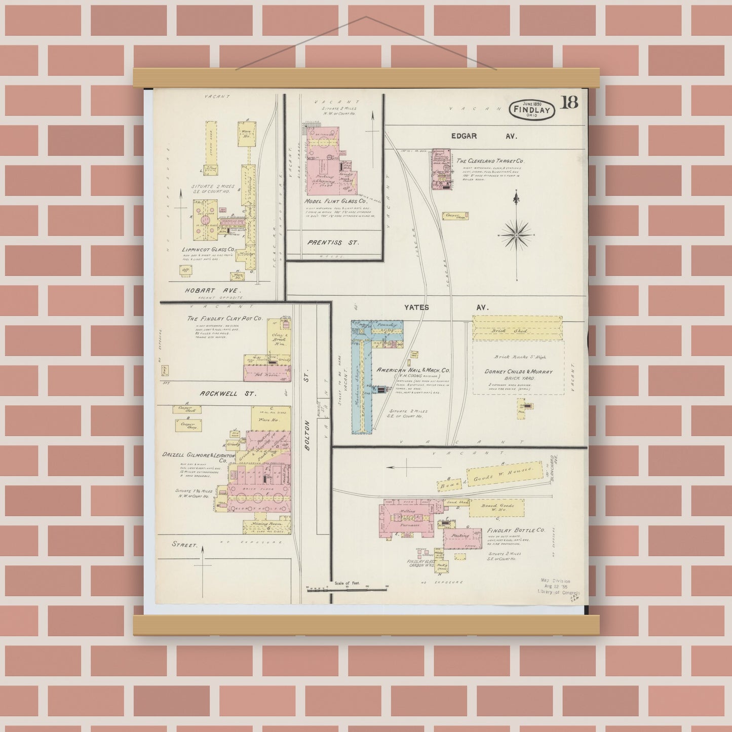 Old map wall art mockup — magnetic wood frame on brick wall — Sanborn Fire Insurance Map from Findlay, Hancock County, Ohio (1890), Sheet #0018