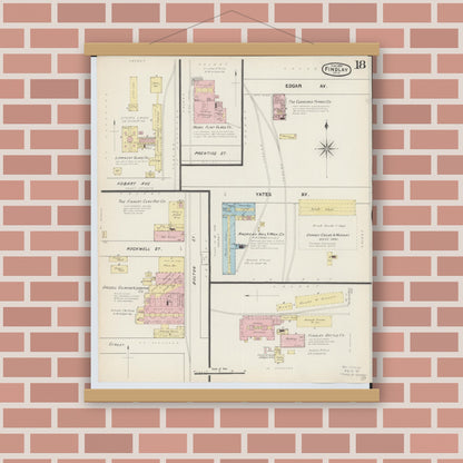 Old map wall art mockup — magnetic wood frame on brick wall — Sanborn Fire Insurance Map from Findlay, Hancock County, Ohio (1890), Sheet #0018
