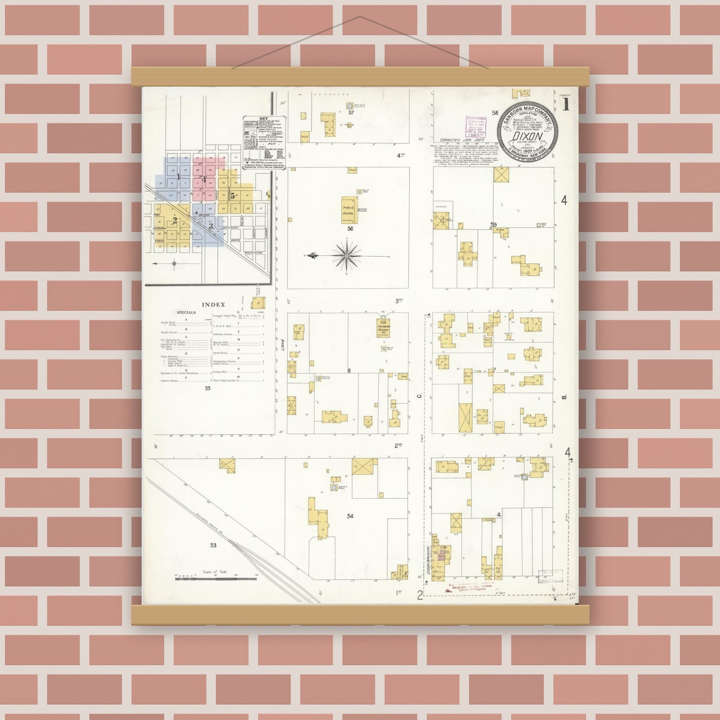 Old map wall art mockup — magnetic wood frame on brick wall — Sanborn Fire Insurance Map from Dixon, Solano County, California (1907) - Complete Map Set