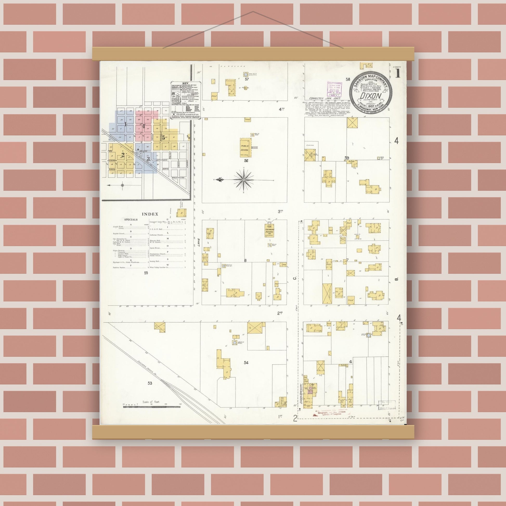 Old map wall art mockup — magnetic wood frame on brick wall — Sanborn Fire Insurance Map from Dixon, Solano County, California (1907) - Complete Map Set
