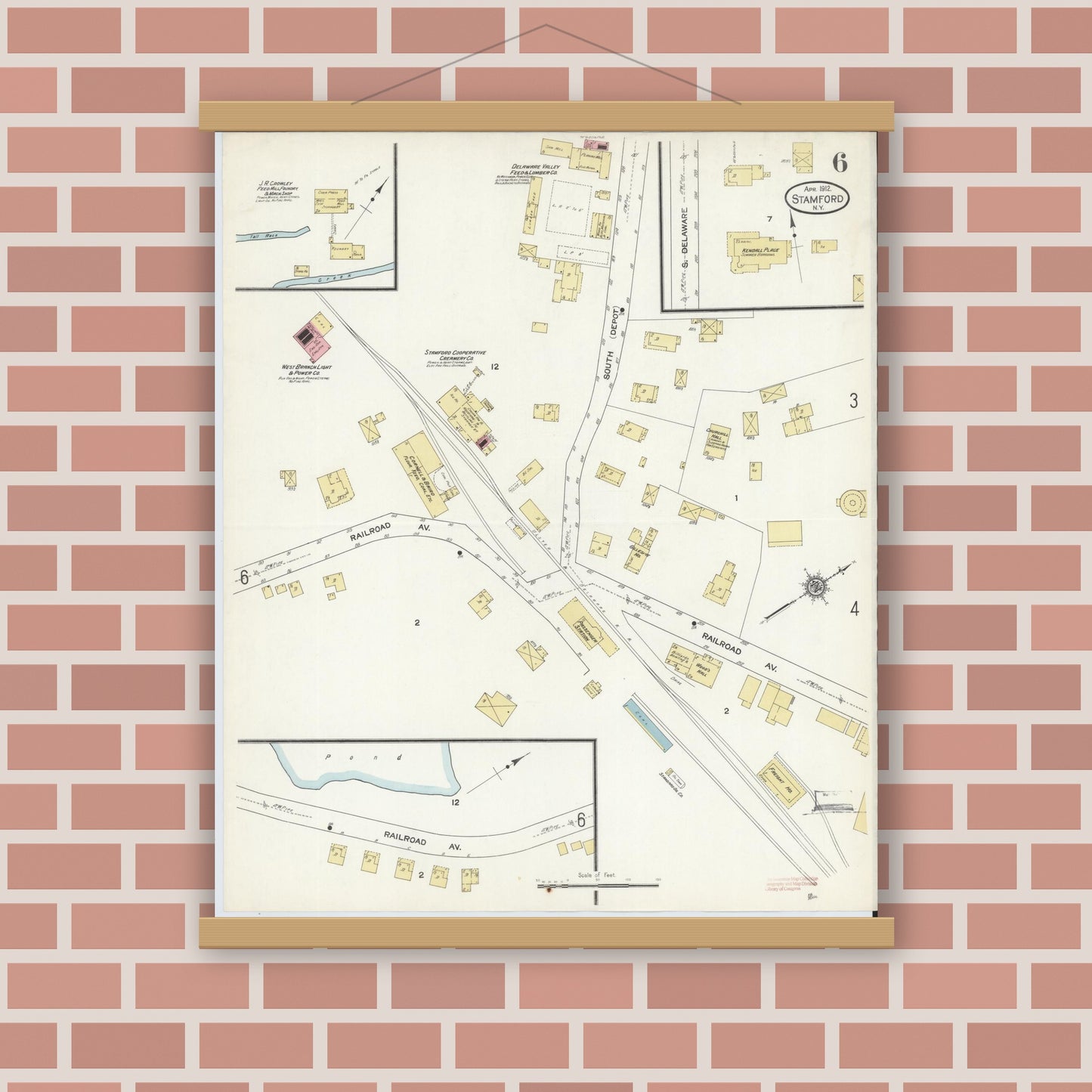 Old map wall art mockup — magnetic wood frame on brick wall — Sanborn Fire Insurance Map from Stamford, Delaware County, New York (1912), Sheet #0006