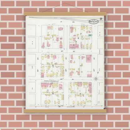 Old map wall art mockup — magnetic wood frame on brick wall — Sanborn Fire Insurance Map from Rock Island, Rock Island County, Illinois (1892), Sheet #0009