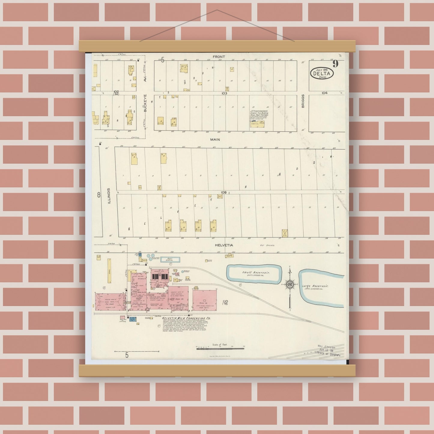 Old map wall art mockup — magnetic wood frame on brick wall — Sanborn Fire Insurance Map from Delta, Fulton County, Ohio (1916), Sheet #0009
