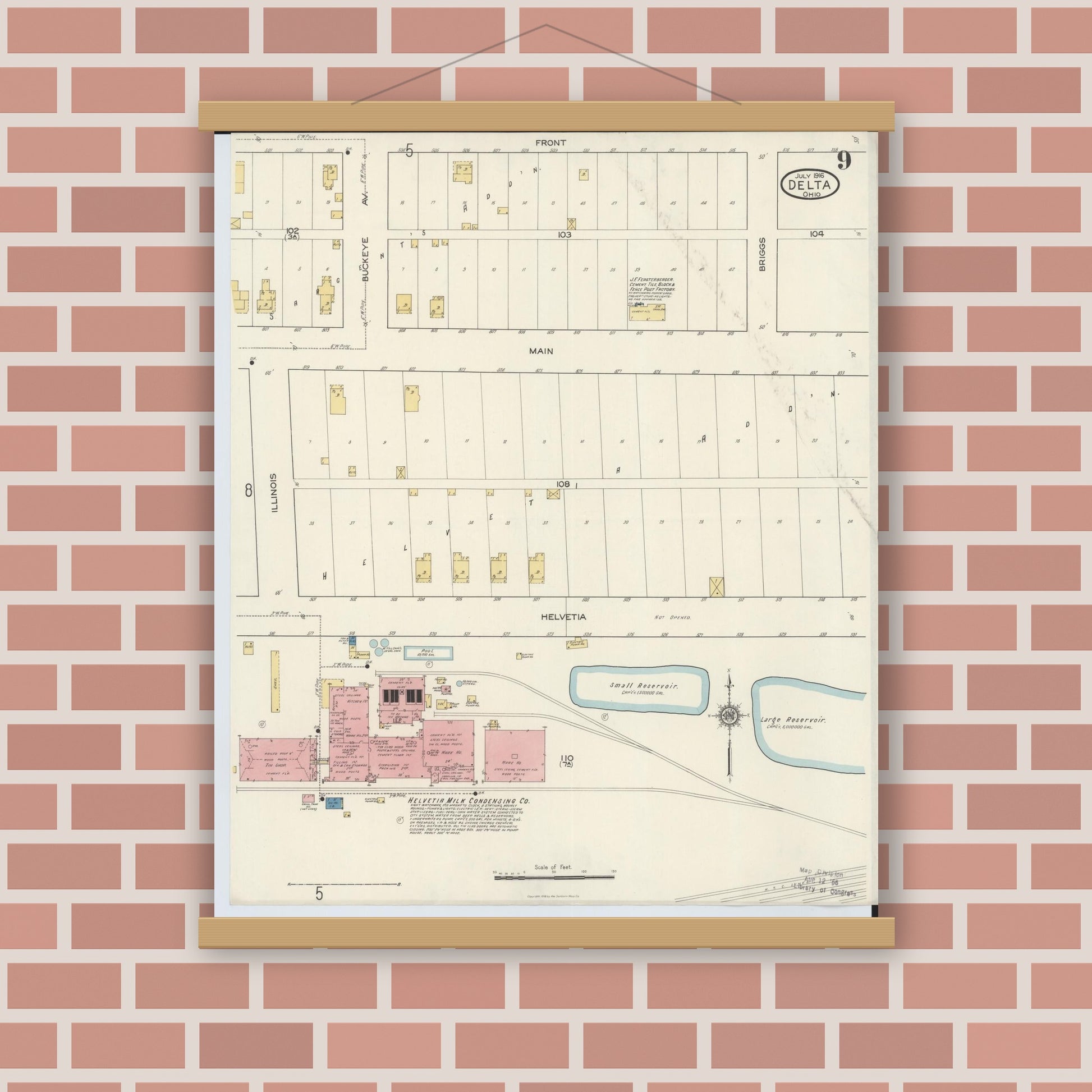 Old map wall art mockup — magnetic wood frame on brick wall — Sanborn Fire Insurance Map from Delta, Fulton County, Ohio (1916), Sheet #0009