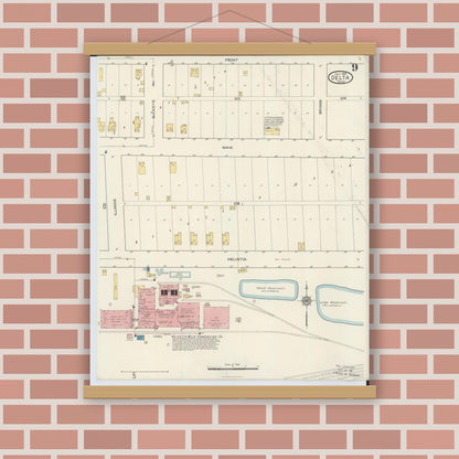 Old map wall art mockup — magnetic wood frame on brick wall — Sanborn Fire Insurance Map from Delta, Fulton County, Ohio (1916), Sheet #0009