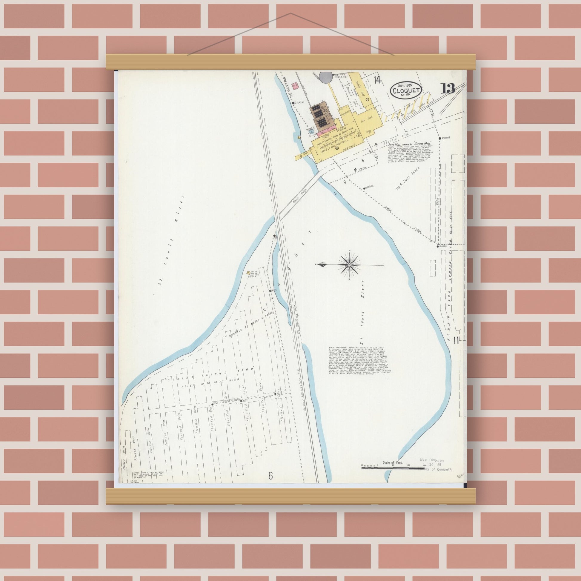Old map wall art mockup — magnetic wood frame on brick wall — Sanborn Fire Insurance Map from Cloquet, Carlton County, Minnesota (1905), Sheet #0013