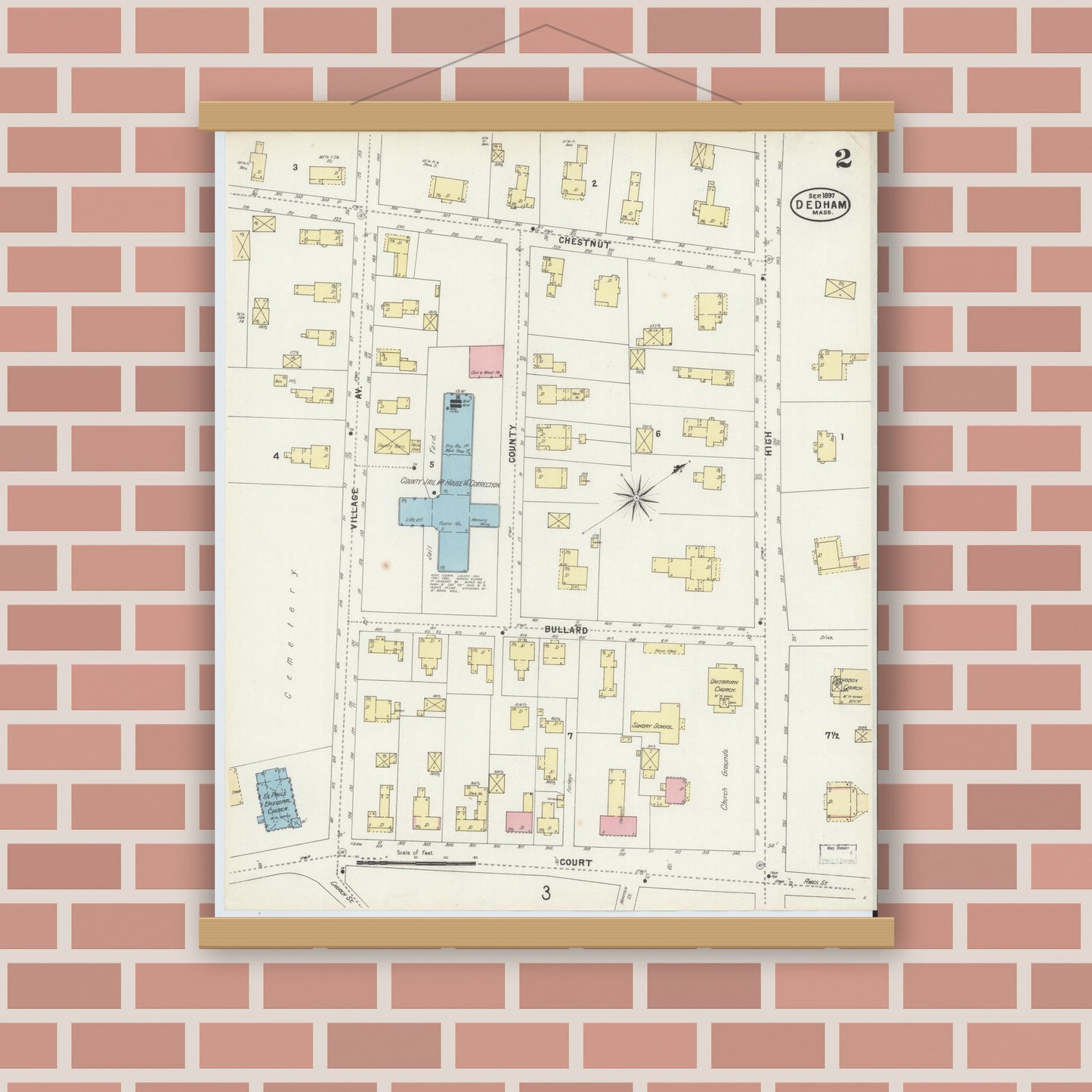 Old map wall art mockup — magnetic wood frame on brick wall — Sanborn Fire Insurance Map from Dedham, Norfolk County, Massachusetts (1897), Sheet #0002