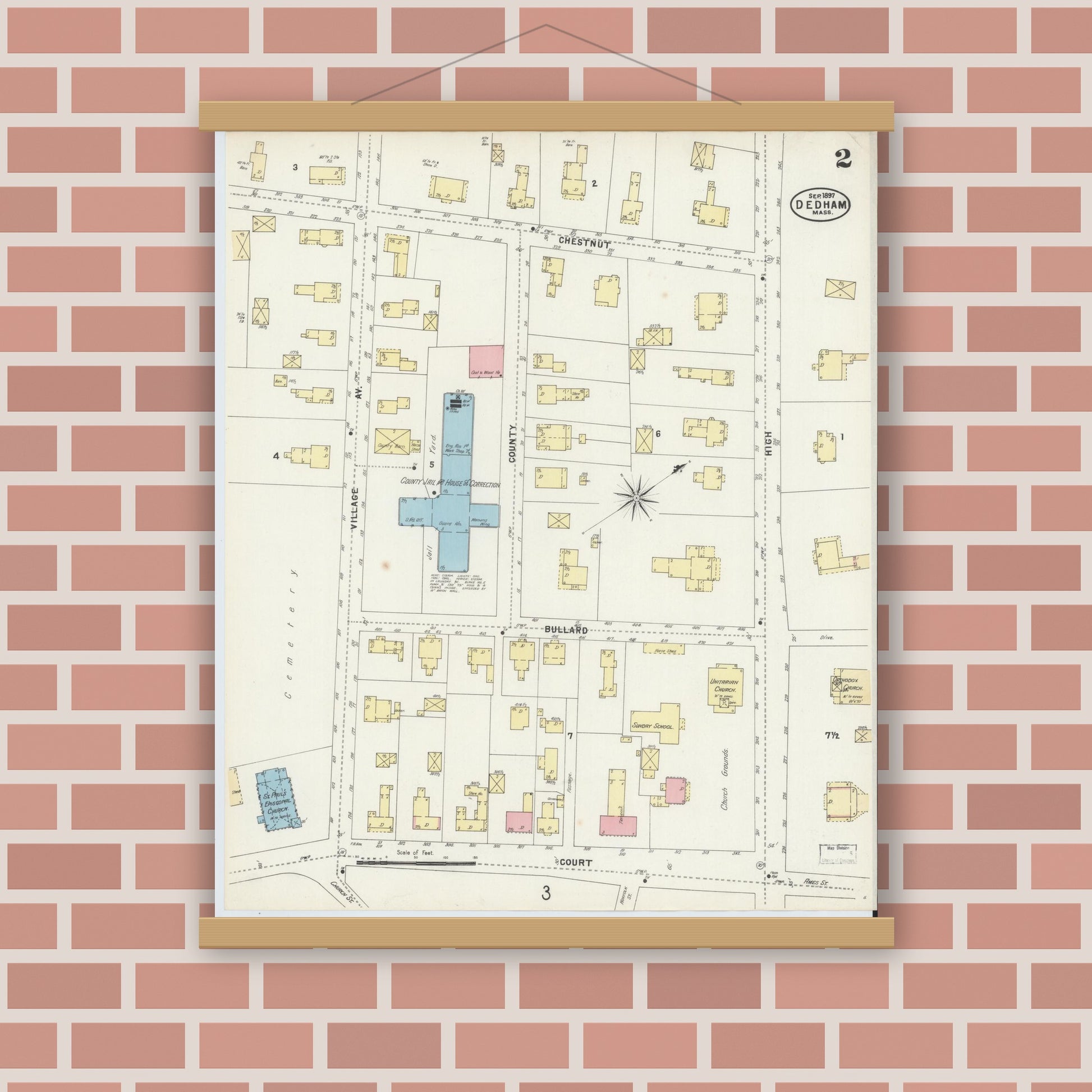 Old map wall art mockup — magnetic wood frame on brick wall — Sanborn Fire Insurance Map from Dedham, Norfolk County, Massachusetts (1897), Sheet #0002