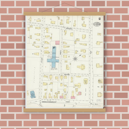 Old map wall art mockup — magnetic wood frame on brick wall — Sanborn Fire Insurance Map from Dedham, Norfolk County, Massachusetts (1897), Sheet #0002