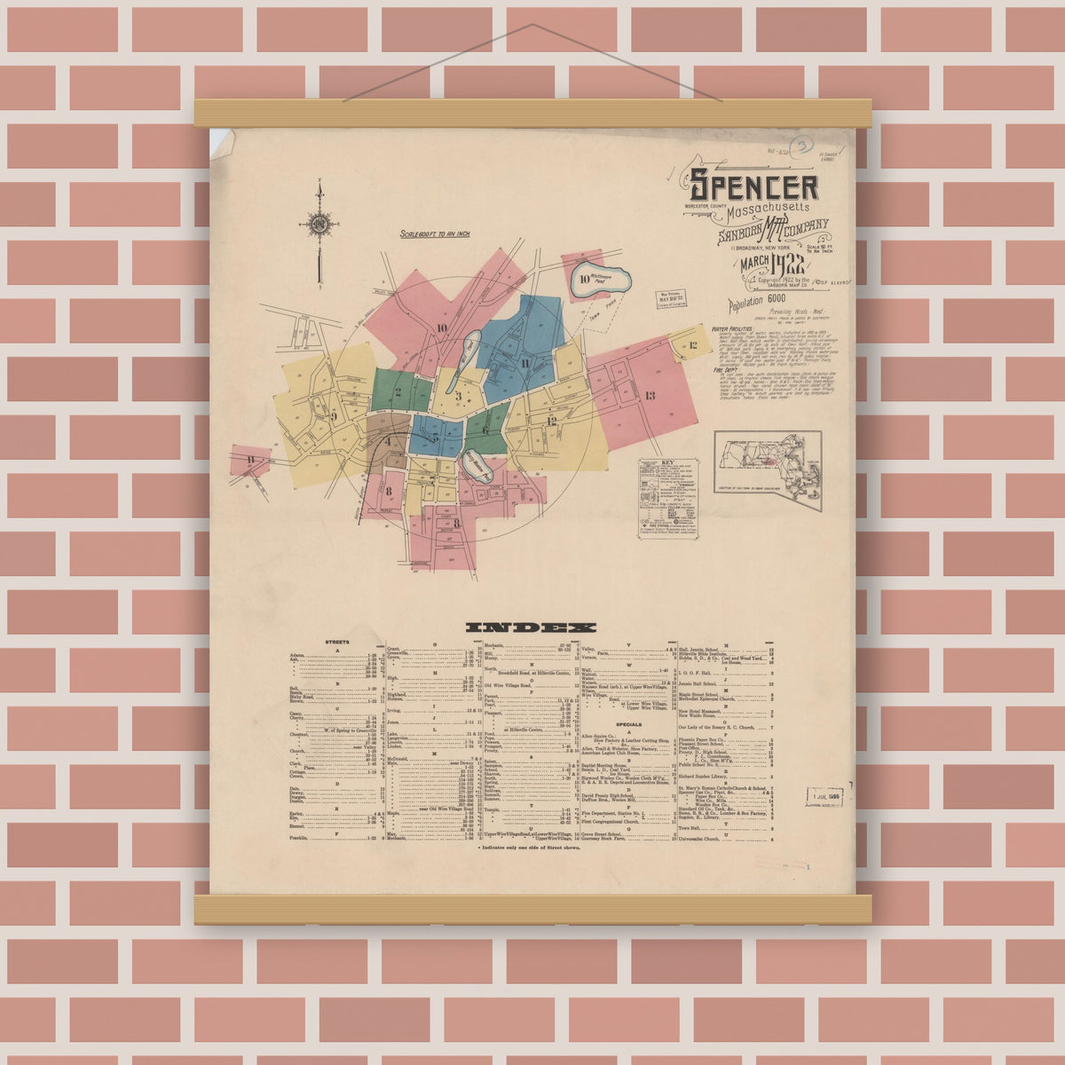 Old map wall art mockup — magnetic wood frame on brick wall — Sanborn Fire Insurance Map from Spencer, Worcester County, Massachusetts (1922), Sheet #0001