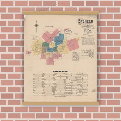 Old map wall art mockup — magnetic wood frame on brick wall — Sanborn Fire Insurance Map from Spencer, Worcester County, Massachusetts (1922), Sheet #0001