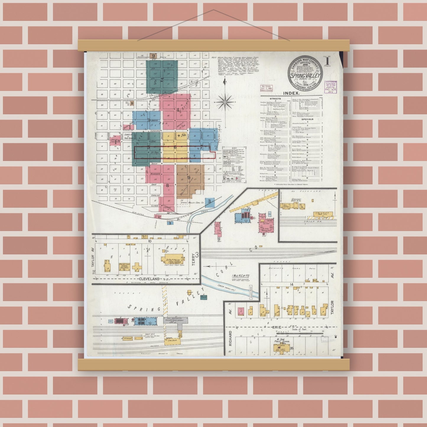 Old map wall art mockup — magnetic wood frame on brick wall — Sanborn Fire Insurance Map from Spring Valley, Bureau County, Illinois (1906) - Complete Map Set