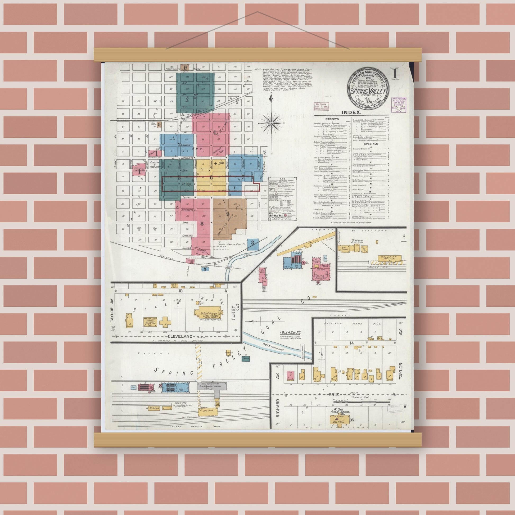 Old map wall art mockup — magnetic wood frame on brick wall — Sanborn Fire Insurance Map from Spring Valley, Bureau County, Illinois (1906) - Complete Map Set